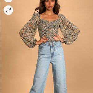 Love Song Black Floral Print Drawstring Ruched Puff Sleeve Top